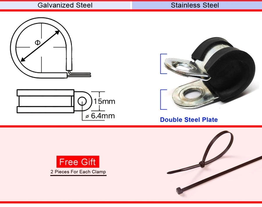 6мм-70 мм зажим для труб, труба клипса с резиновой вставкой подкладка оцинкованная сталь, двойная стальная пластина 15 мм ширина стали, бесплатно с галстуком, C002