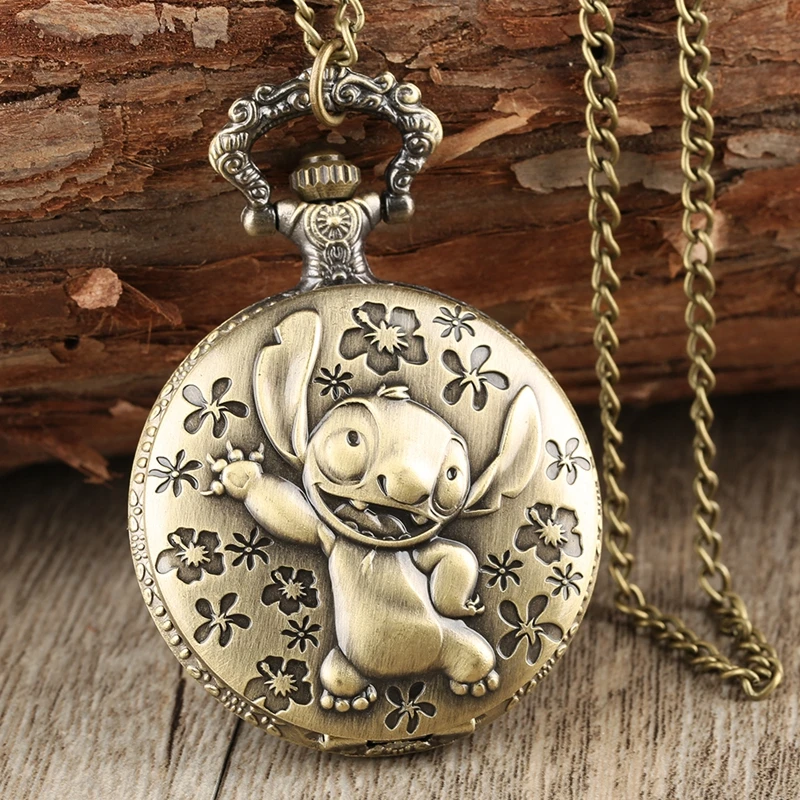 Знаменитый фильм Лило и стежка карманные часы ожерелье милый коала крышка Кварцевые брелок цепь часы флип часы кулон подарки для детей