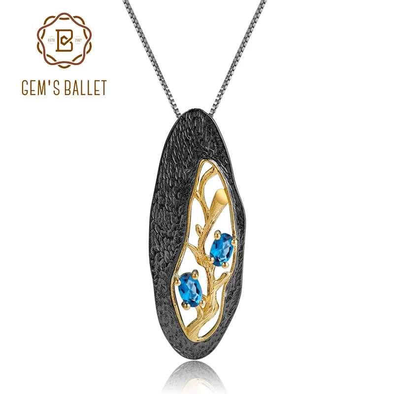 

GEM'S BALLET 925 Sterling Silver Natural London Blue Topaz Original Handmade Petal Floral Pendant Necklace for Women Jewelry