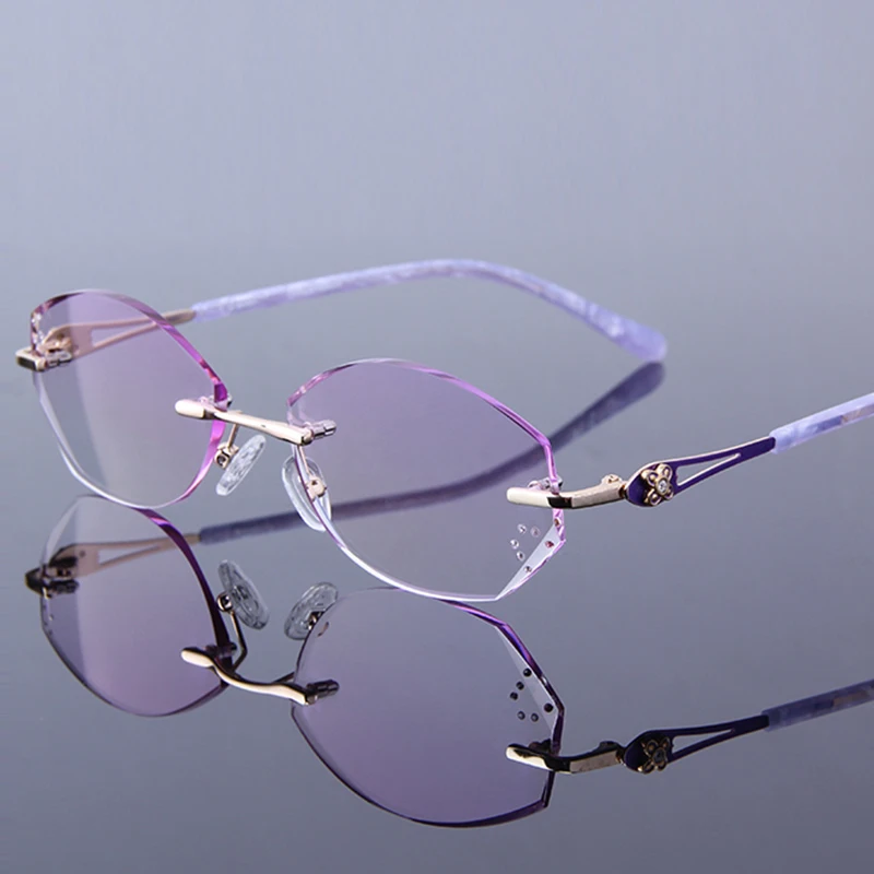 

Extravagant Women Alloy Reading Glasses Female Purple Frame Rhinestone Trimming Cut Rimless Glasses High Clear Lens mujer gafas