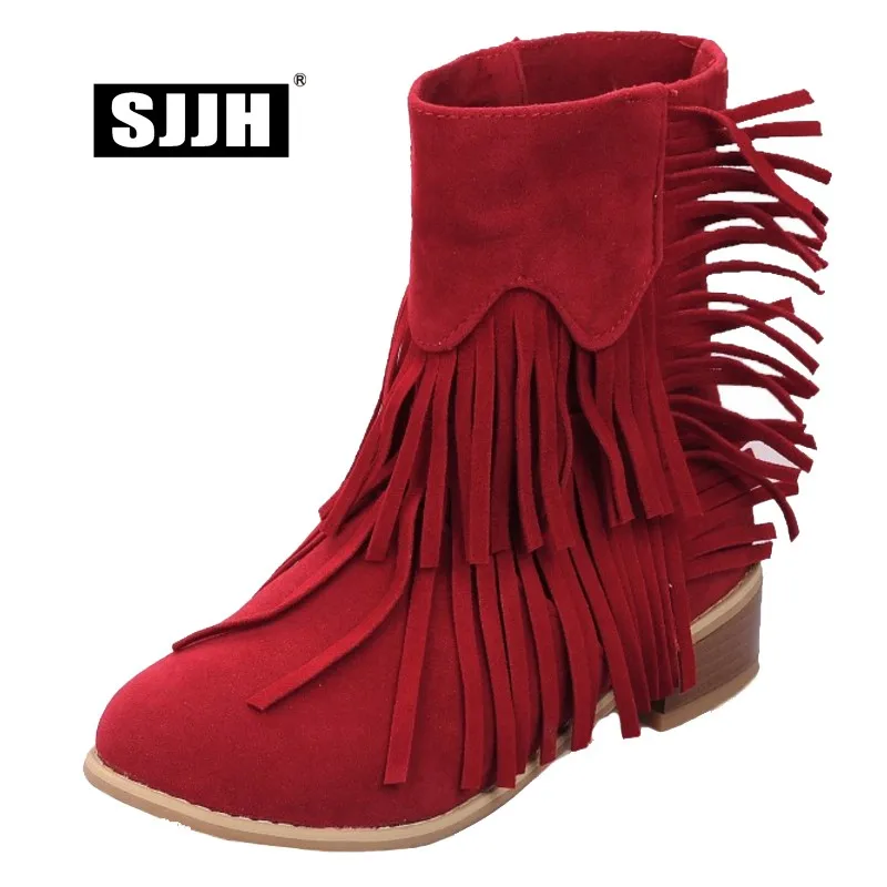 SJJH Women Nubuck Chelsea Boots with Round Toe Chunky Heels Fringe Mid-Calf Slip-on Boots Fashion Casual Shoes Large Size Q366