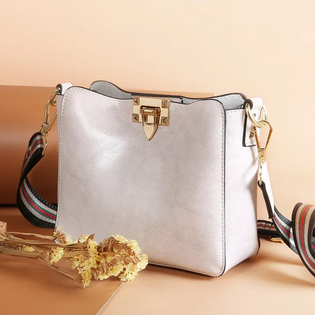 Fashion bucket design high-grade leather women's handbag oil wax leather wide-band large-capacity slung shoulder bag women