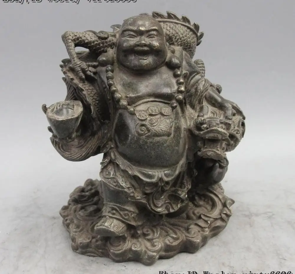 

9" Chinese Bronze Copper Happy Laugh Monk Dragon Wealth Maitreya Buddha Statue