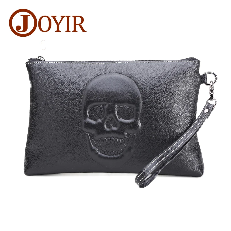 

famous brand genuine leather bag men envelope clutch bag skeleton skull black luxury handbag big purse men bag for gift