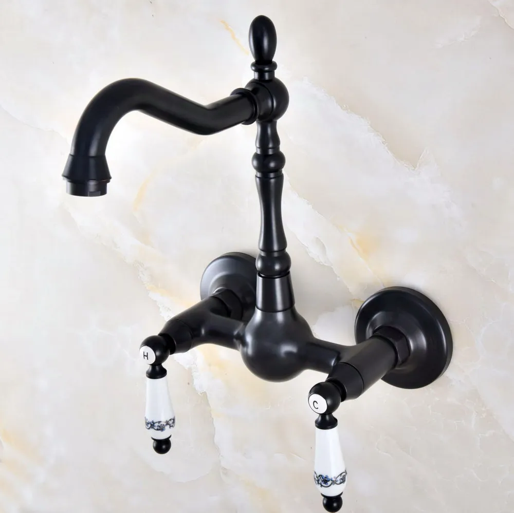 Black Oil Rubbed Bronze Wall Mounted Bathroom Kitchen Sink Faucet Swivel Spout Mixer Tap Dual Ceramics Handles Levers anf865