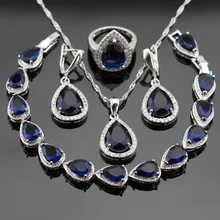 Regalo de navidad de Plata Sistemas de La Joyería Para Las Mujeres de Color Azul Creado Zafiro Blanco CZ Pendientes Pulsera Collar Colgante Anillos