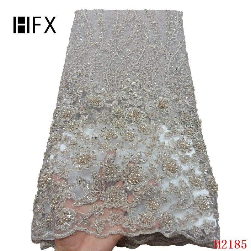 HFX модная африканская кружевная ткань высокого качества ручной работы из бисера нигерийская кружевная ткань высокое качество кружева с бисером 5 ярдов H2965