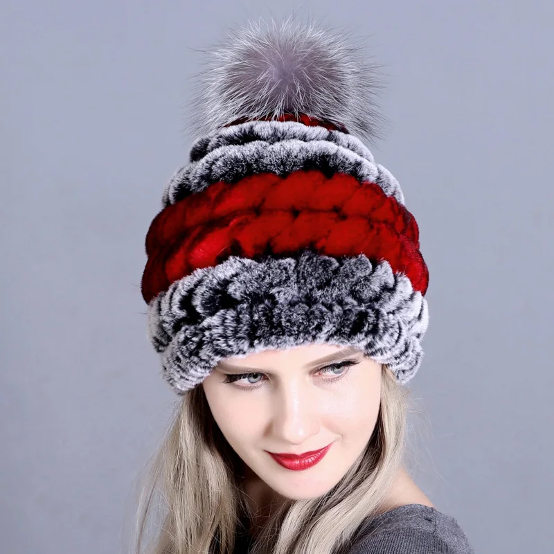 Зимняя меховая шапка для женщин с натуральным кроличьим мехом с помпонами из лисьего меха вязаные шапочки новые модные шапки хорошего качества - Цвет: color2