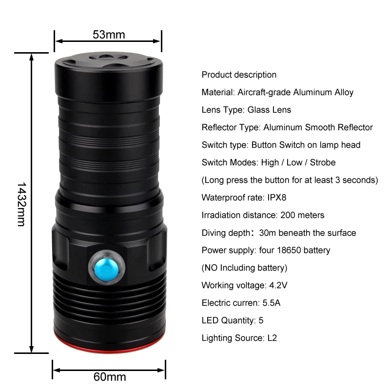 Светодиодный фонарик для дайвинга подводный 200 м L2 для фотосъемки видеокамера тактический фонарик Белый светодиодный фонарь со встроенным аккумулятором
