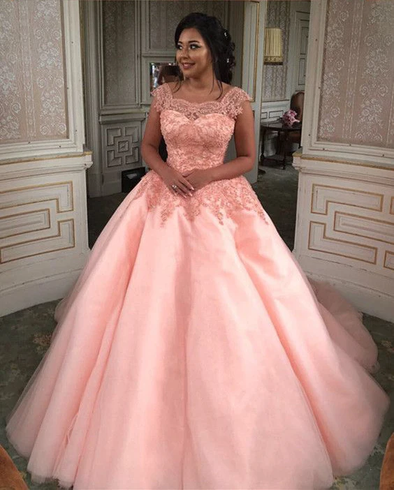 

Pink Quinceanera Dresses Lace Appliques Ball Gown Cap Sleeve Vestidos De 15 Anos Floor Length Sleeveless Elegant Robe De Bal