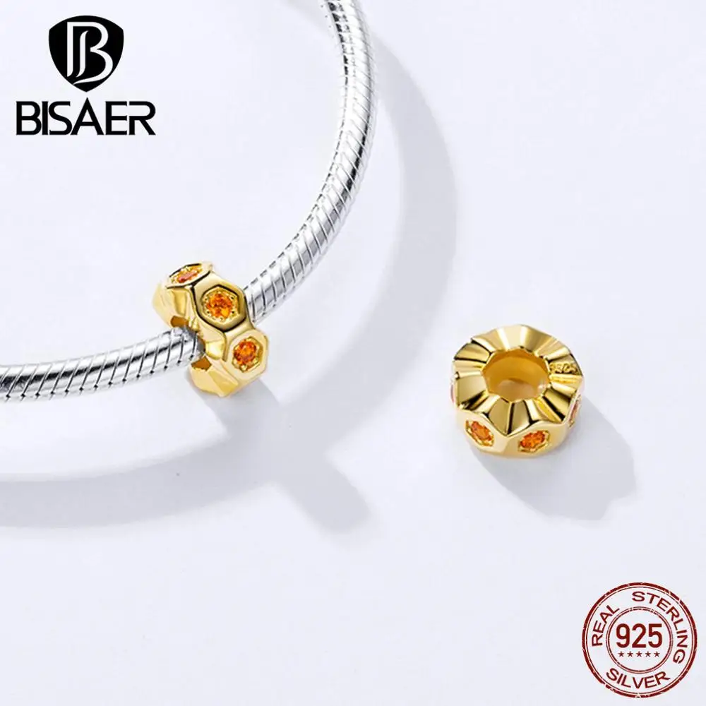 

Bisaer 100% 925 Sterling Silver Golden Honeycomb Charms Fit Pan Bracelets & Necklaces Diy Jewelry Making HSC1170