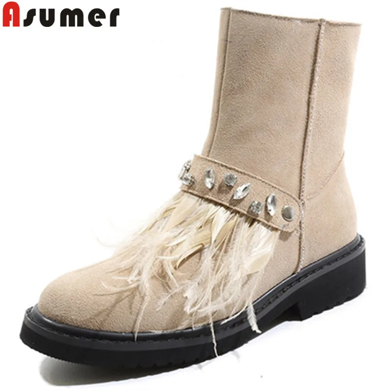 

ASUMER 2019 hot sale new ankle boots women med heels shoes round toe fur suede leather boots crystal keep warm winter snow boots