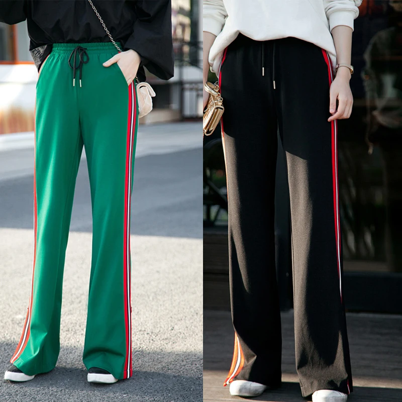 2018 осень-зима модные Дизайн Высокая талия в полоску Широкие брюки Soild Цветные черные и белые зеленый Размеры XS-2XL длинные Мотобрюки