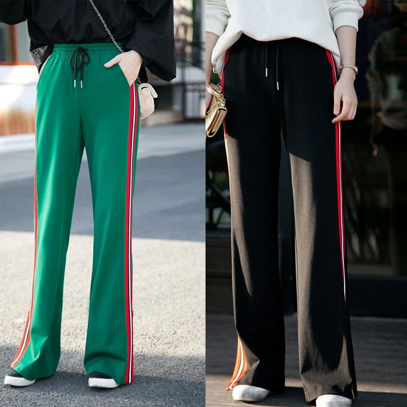 

2018 Autumn Winter Fashion Design High Waist Striped Wide Leg Pants Soild Color Black White Green Size XS-2XL Long Trousers