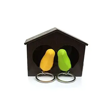 

Brown Birdhouse with 2 Whistle Yellow Green Sparrow Key Ring Holder