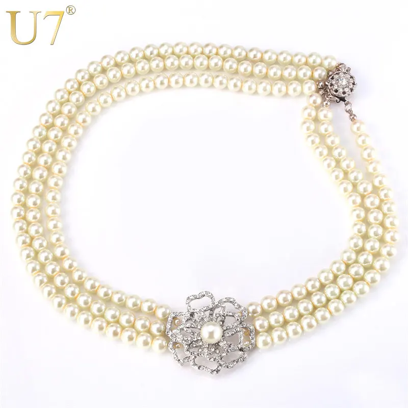 U7 Simulated Pearl Choker Necklace Trendy Rhinestone