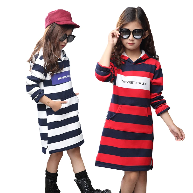 Детские платья для девочек, одежда зимнее флисовое толстое Полосатое детское платье-свитер с капюшоном хлопковая одежда для детей 8, 10, 12 лет