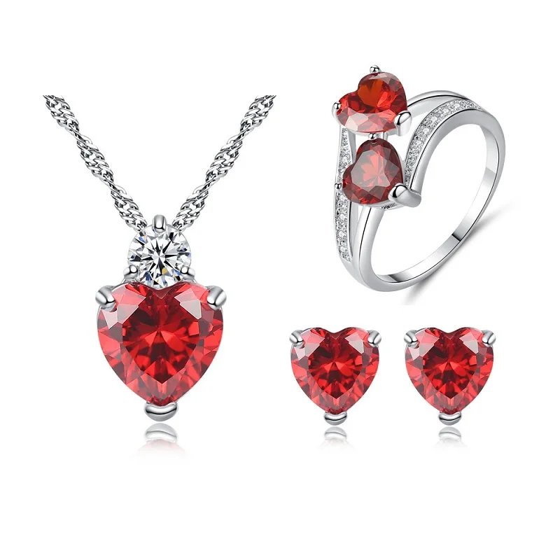 

Pink Heart Zirconia Luxury Jewelry Set For Women Earrings Necklace Finger Ring Sets