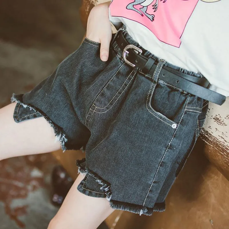 

DFXD Kids Shorts For Girls 2019 Summer Big Girl Denim Short Pants With Belt Children Clothes 3-14Years Jeans Shorts