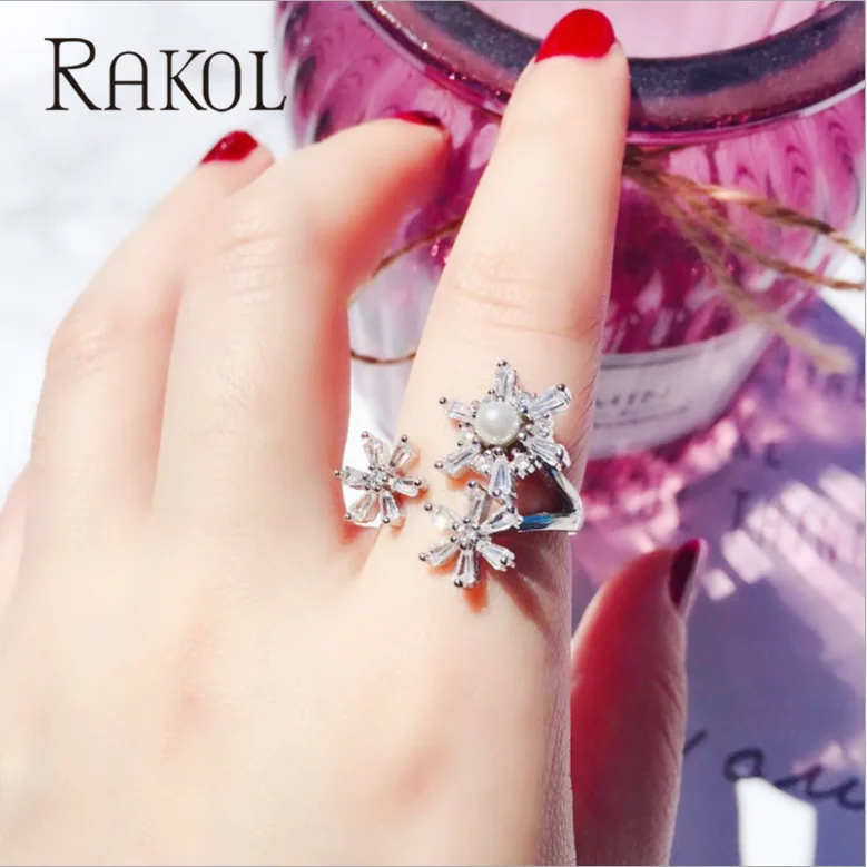 RAKOL Новое поступление открытый белый цвет Снежинка кубический циркон кольца с