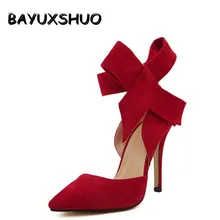 BAYUXSHUO Women Big Bow Tie Pumps Butterfly Pointed Stiletto Shoes Woman High Heels Plus Size Wedding