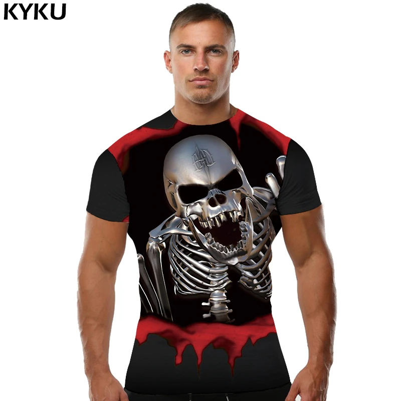 Mens 3D Skull Print Slim Tees Shirt Short Sleeve O-Neck Casual T Shirt Tops 