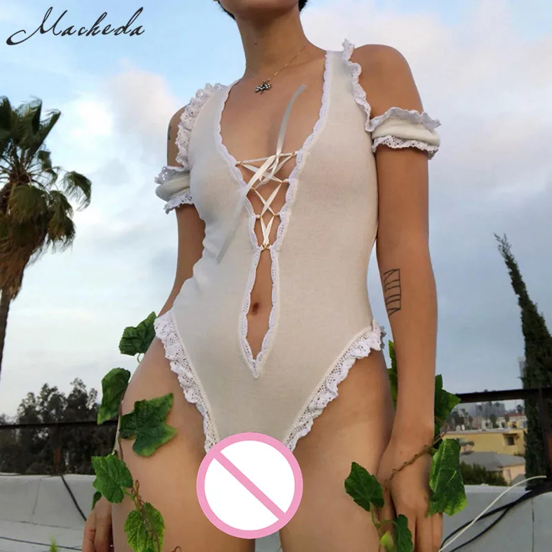 

Macheda Women Sexy Deep V Neck Skinny Bodysuits 2018 New Off Shoulder Short Sleeve Lace Up High Waist Stretchy Casual Bodysuit