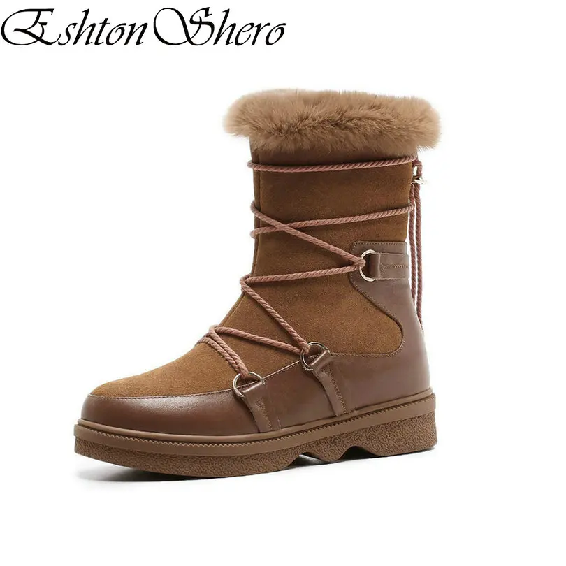 

EshtonShero Shoes Women Ankle Snow Boots Low Heel Winter Cow Suede Fur-lined Zipper Black Warm Ladies Casual Boots Size 34-40