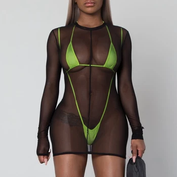 

3 in 1 Neon Bikini thong micro swimsuit cover ups swimwear women long sleeve mesh beachdress sexy biquini Bikinis 2019 woman