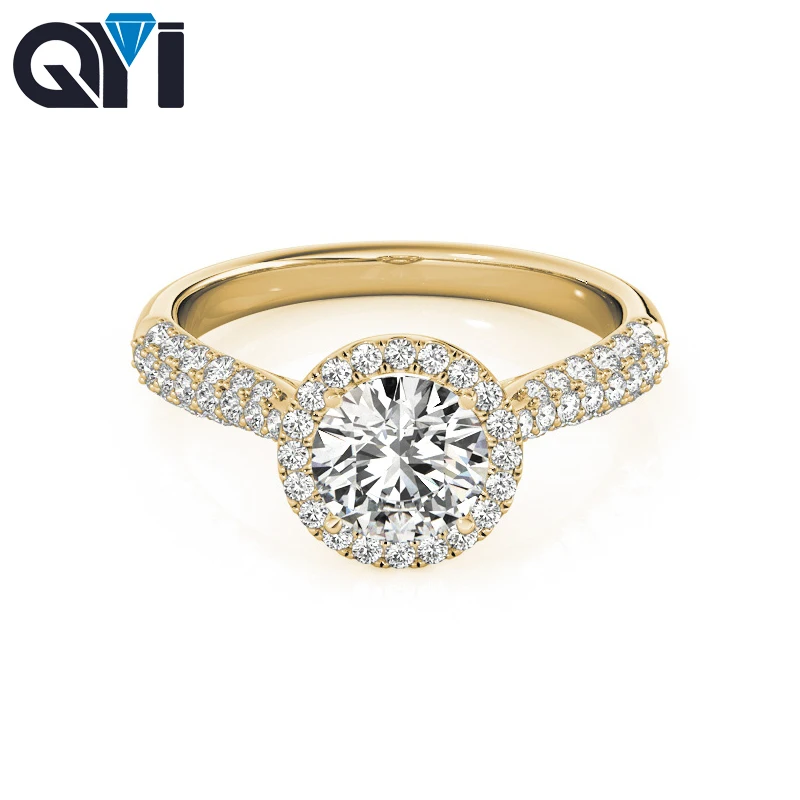 QYI 1 Carats Simulated diamond Pure 14k Yellow gold Multi Row Band Wedding Ring Classic Halo Engagement For Women | Украшения и