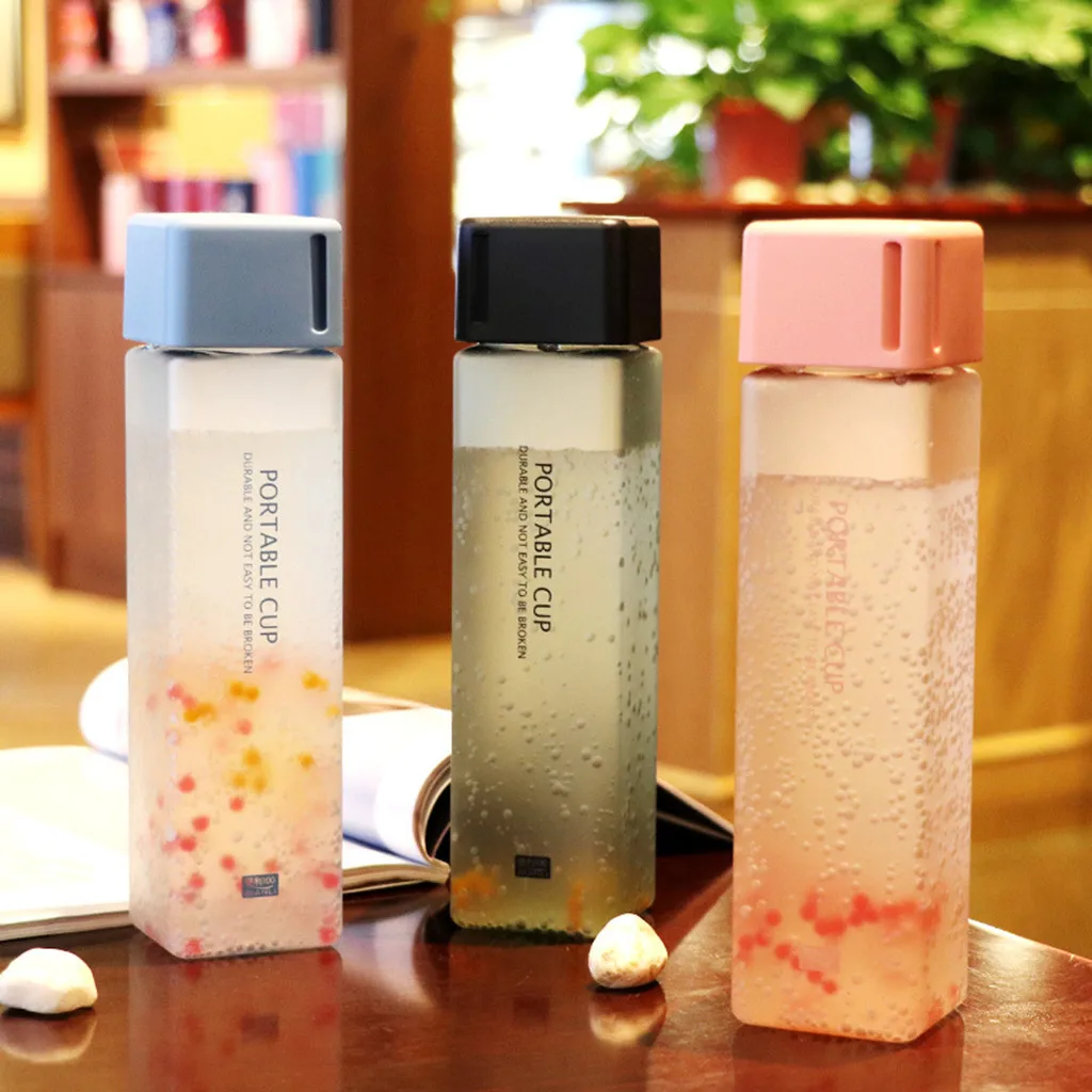 

HSU 2019 Hot Sale Explosion Sport Water Bottles Portable Square Bottle Fruit Juice Leak-proof Travel Bottle Wood Grain Lid Cover