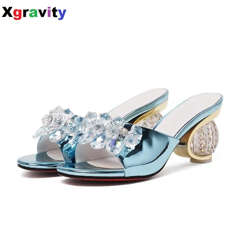 

2017 Luxury Rhinestone Design Women Sandals Elegant High Quality Lady Crystal Fashion Slippers Open Toe Chunky Lady Shoes B005
