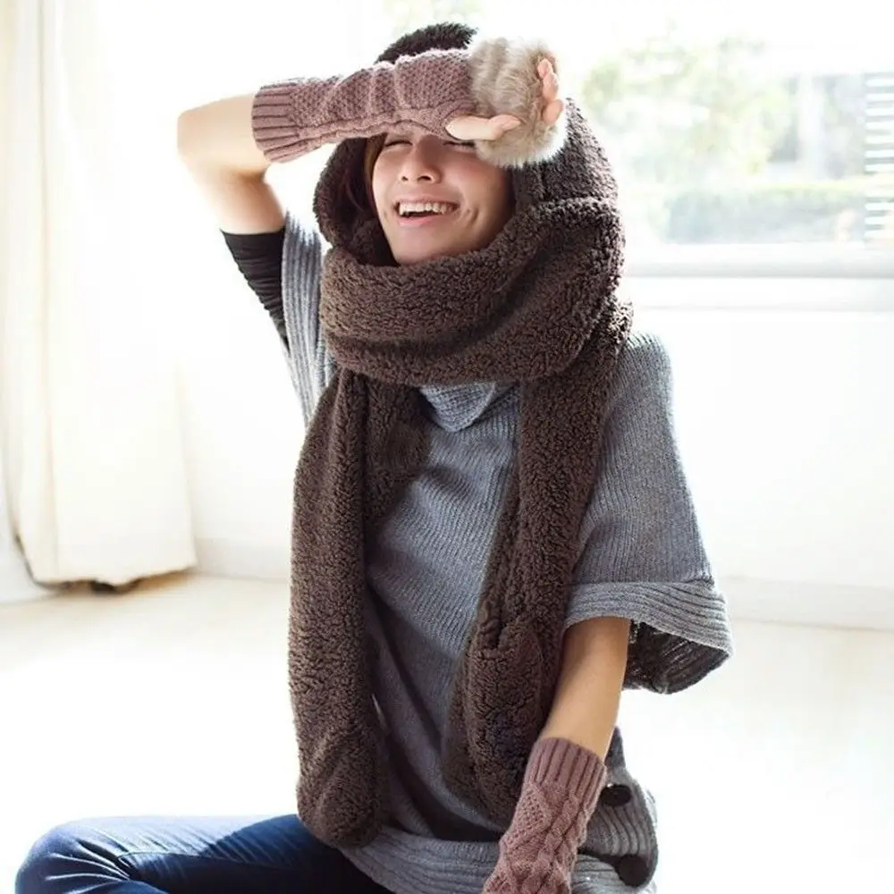 

Womens Winter Warm Faux Fleece Soft Fur Hooded Hood Scarf Hat Gloves New scarf women luxury brand