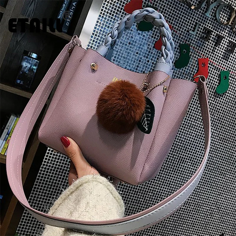 

ETAILL 2018 Weave Top Handle Messenger Bag Luxury Handbags Women Bags Designer Famous Brands Fur Ball Wide Strap Shoudelr Bags