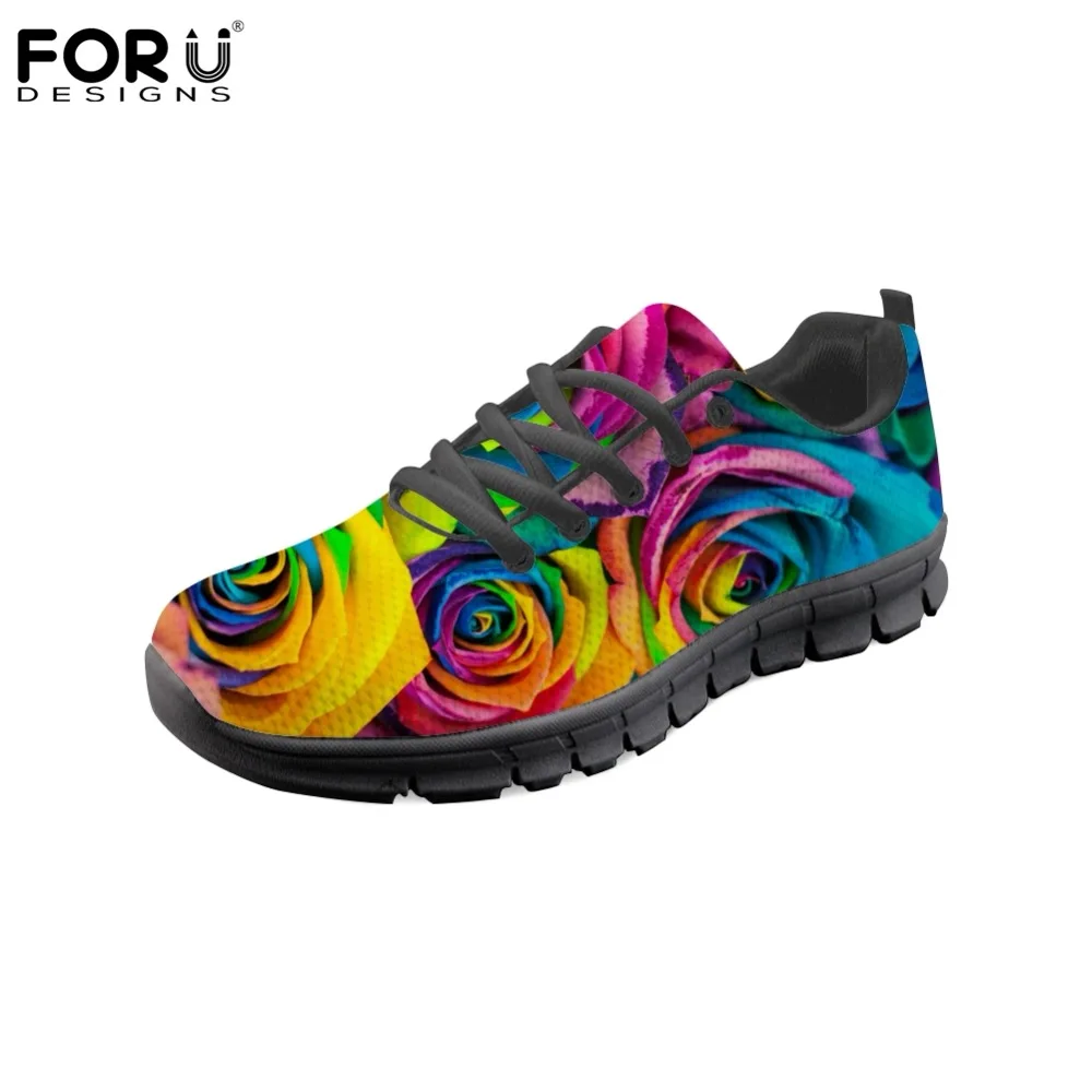 

FORUDESIGNS Colorful Flower Rose Pattern Flats Ladies Shoes Summer Casual Women Comfortable Mesh Shoes for Student Walking Shoes