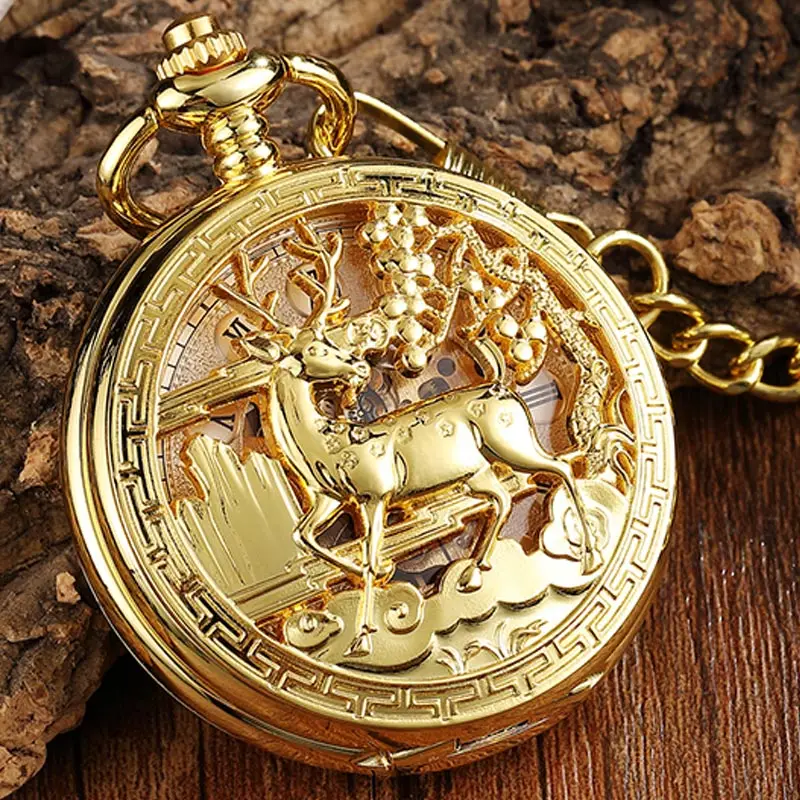 Механические карманные часы с золотым рисунком оленя, винтажные двухсторонние часы в стиле стимпанк, часы с брелоком для мужчин и женщин