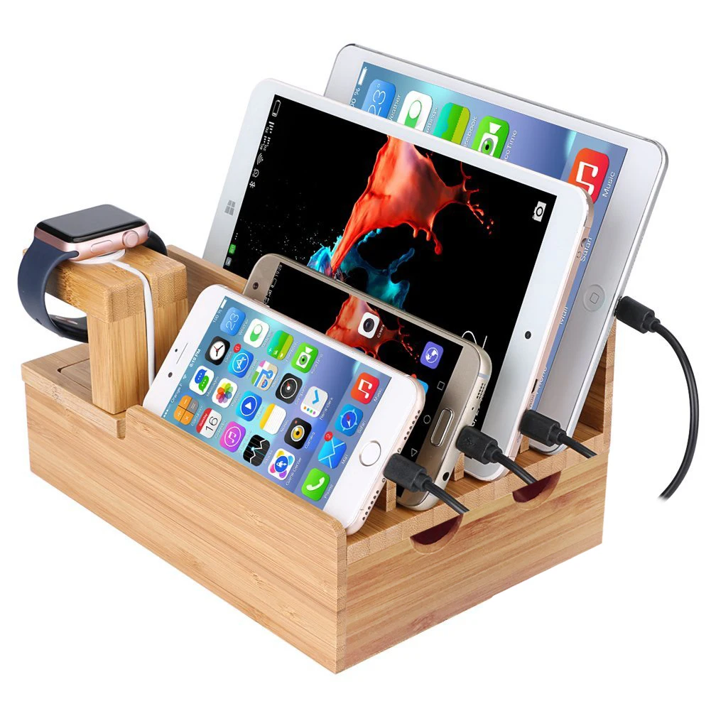 6 Usb poort Snellader Desktop Laadstation Bamboe, Multi Apparaat