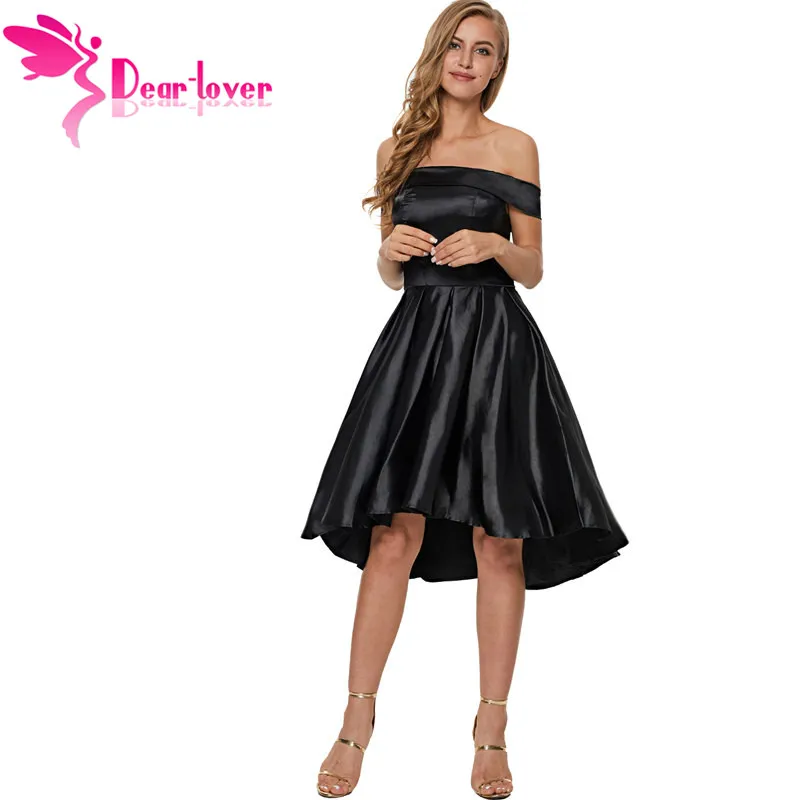 

Dear Lover Elegant Dresses Women Party Summer Black Off Shoulder Pleated Satin Homecoming Skater Dress Vestido de Festa LC220438