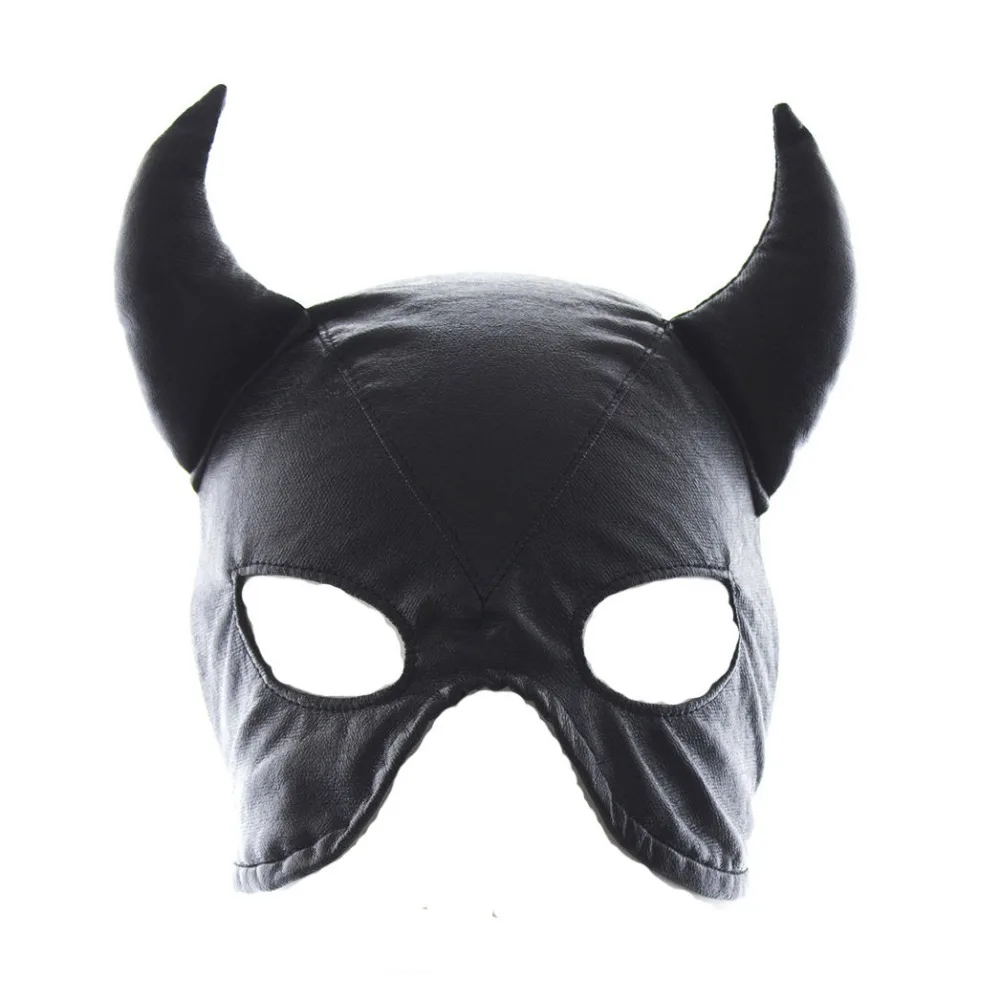 

Black Faux Leather Devil Role Play Half Face Mask with Horn and Back Lace Up Fetish Gimp Masquerade Hen Party Costume