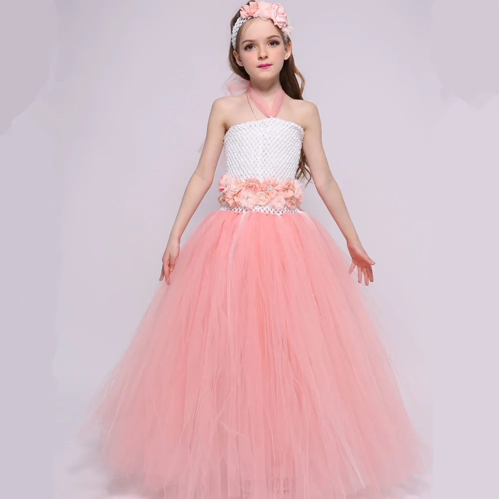 Персиковое платье с цветочным узором для девочек на свадьбу; платье принцессы с фатиновой юбкой-пачкой; элегантное праздничное платье для девочек на День рождения; летняя детская одежда