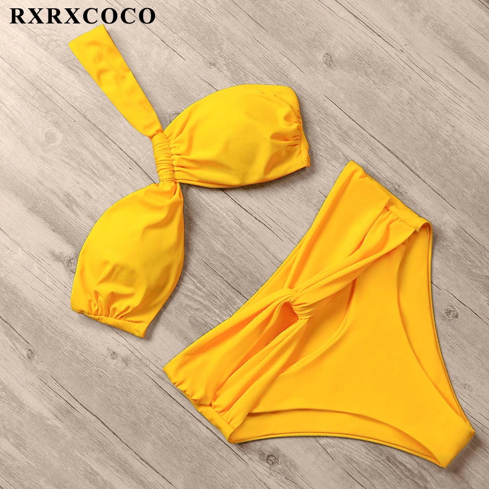 

RXRXCOCO Bikini 2019 Hot Sexy One Side Swimwear Women Bikini Set High Waist Solid Swimsuit Push Up Brazilian Biquinis Beachwear