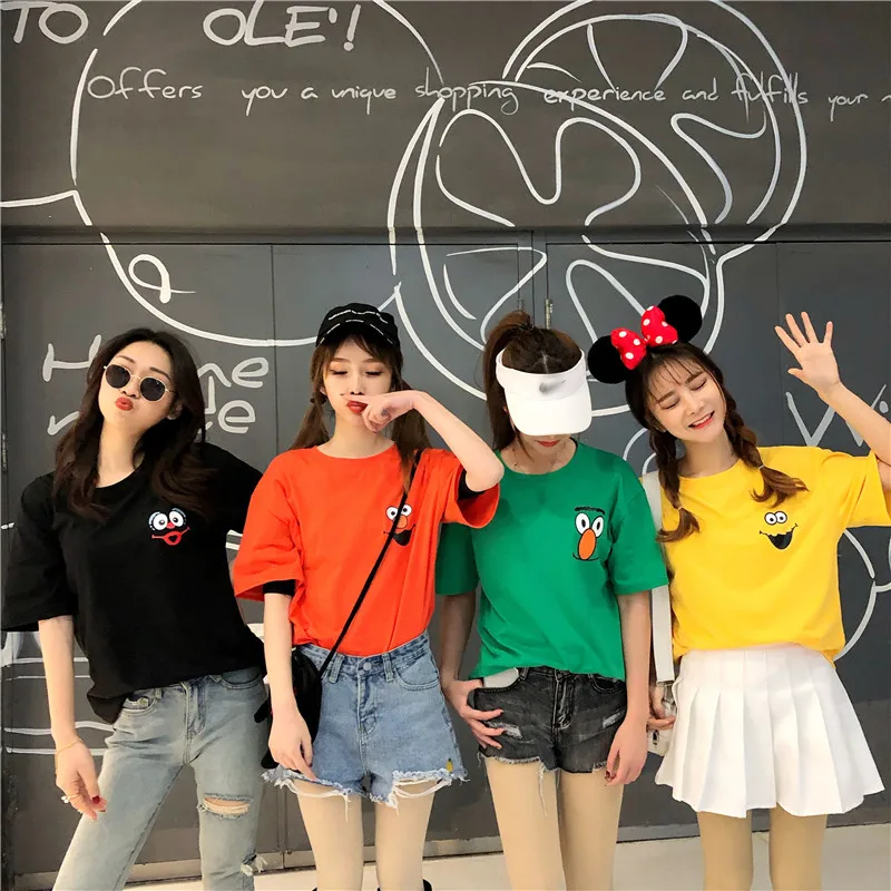 

Summer New Casual T-shirt Loose Fnny Cartoon Printing Woman Harajuku BF Ulzzang Korean Young Women's Cotton Yellow Blue T Shirt