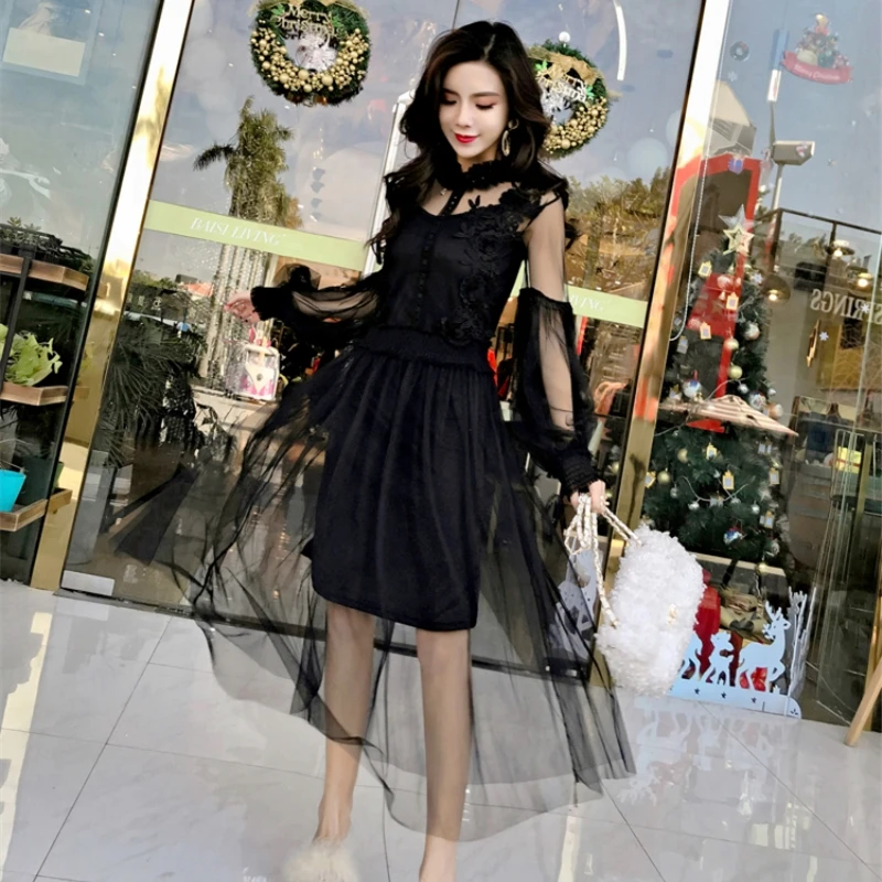 

Stand collar long sleeve banquet dress women's sweet mesh street middle waist lady fashion dress female 2019 summer lace dress