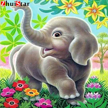 

5D DIY diamond painting Full Square diamond mosaic Diamond embroidery young Elephant in the flower stitch WHH