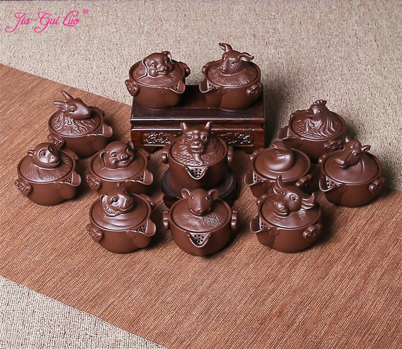 

JIA-GUI LUO 140ML Purple Clay 12 Zodiac yixing teapot traditional chinese tea set oolong tea Portable travel tea set H015
