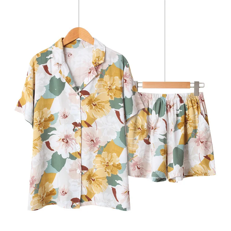 

Summer Cotton Short Sleeve Pajamas for Women Turn-down Collar Sleepwear Floral Printing Pijama Mujer Shorts Home Clothes Pj Set