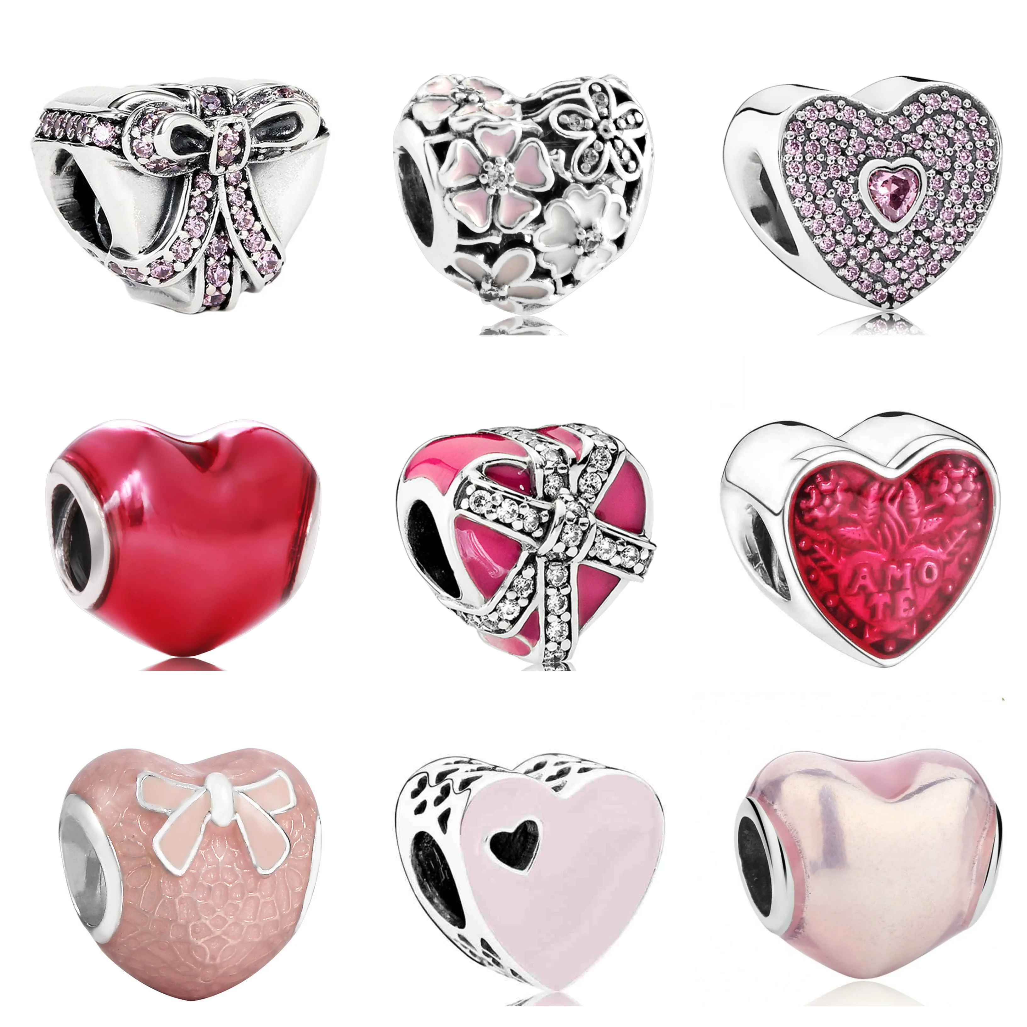 Auténtica Plata de Ley 925 brillante rosa encaje corazón rojo amor flor deslumbrante esmalte CZ Fit Pandora pulseras|Amuletos| AliExpress