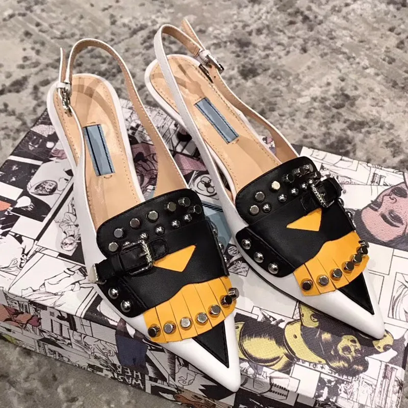 

Rivets Patchwork Women Pumps Kitten Heel Mixed Colors Spring Runway Thin Heels Genuine Leather Sandals High Heels Fashion Shoes