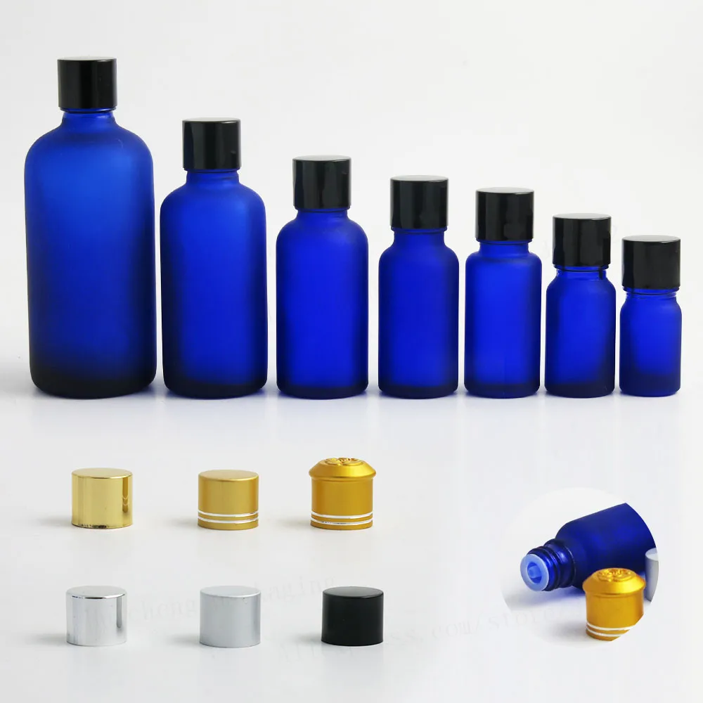 

12 X Frost Blue Essential Oil Bottle With Aluminum Lids Reducers Cosmetic Containers 100ml 50ml 30ml 20ml 15ml 10ml 5ml