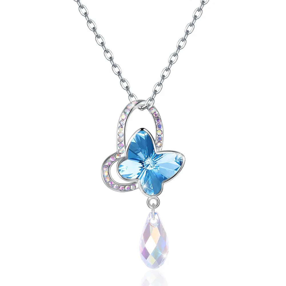

fine jewelry blue Crystal stone Necklace 925 Sterling Silver bow tie Drop pendant Necklace for women wedding jewelry